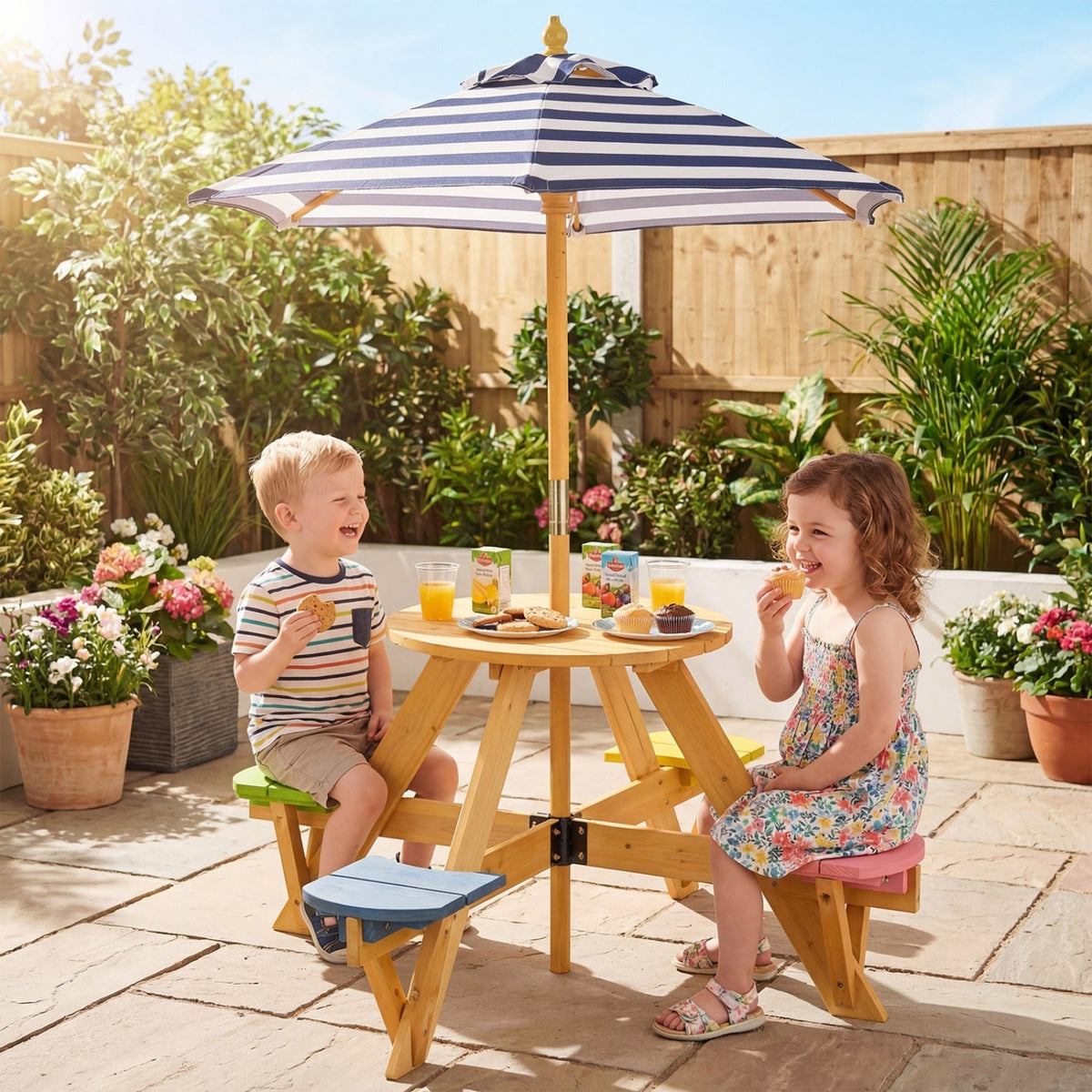 Kids Picnic Table with Stools and Foldable Adjustable Umbrella for Backyard and Patio