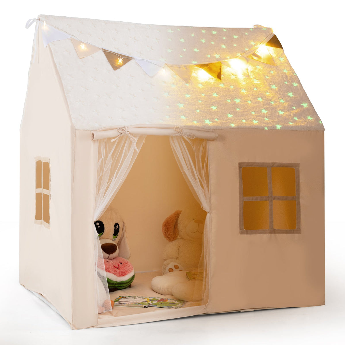 Kids Play Tent Large Playhouse with Glow in the Dark Stars and Mat-Beige