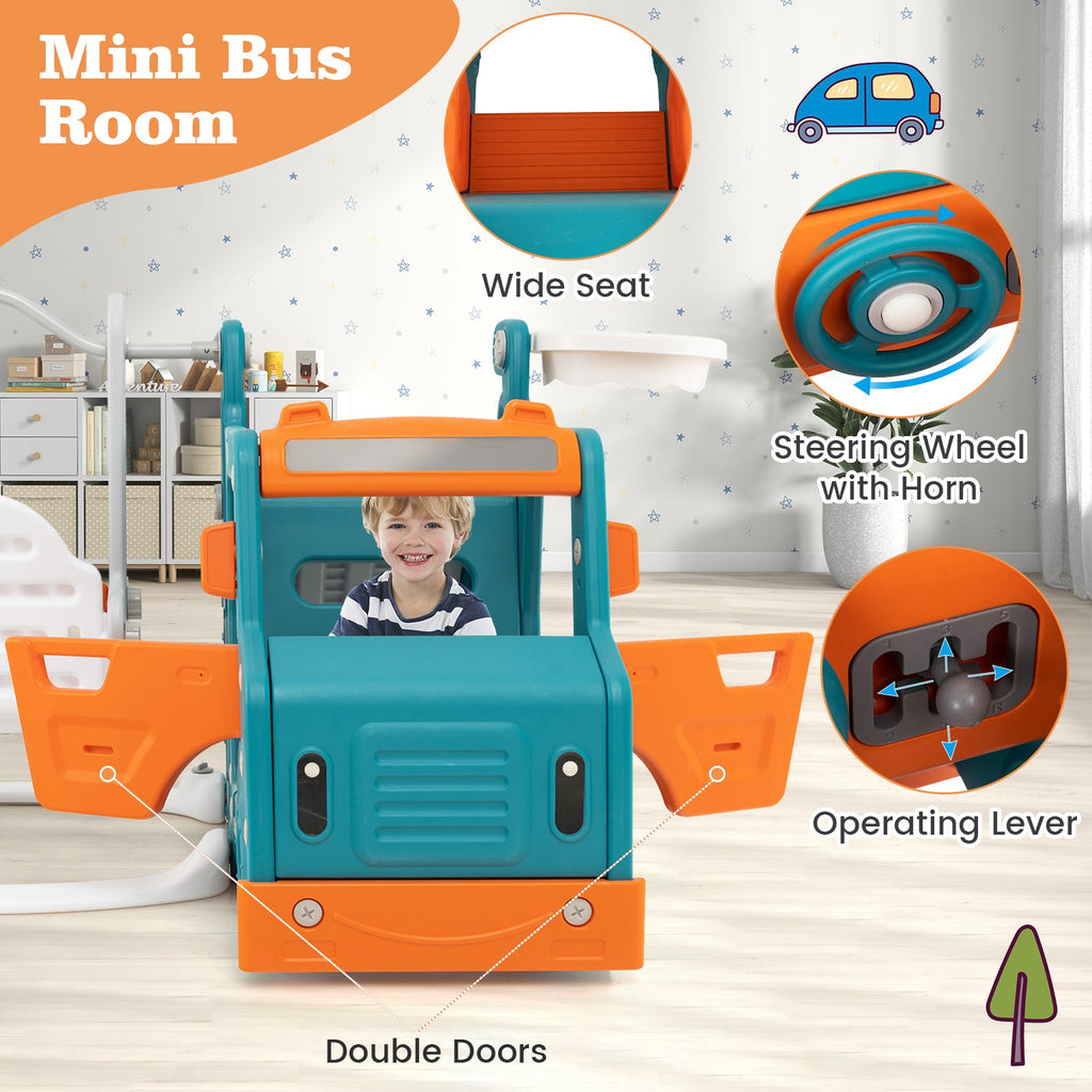 5-in-1 Kids Slide and Swing Set with Mini Bus and Basketball Hoop-Multicolor