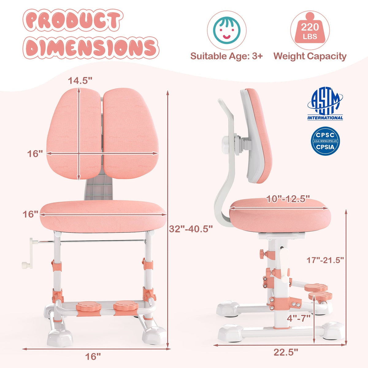 Kids Study Chair with Adjustable Double Backrest and Footrest