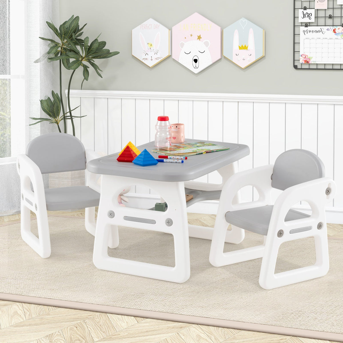 Kids Table and Chair Set with Building Blocks-Gray