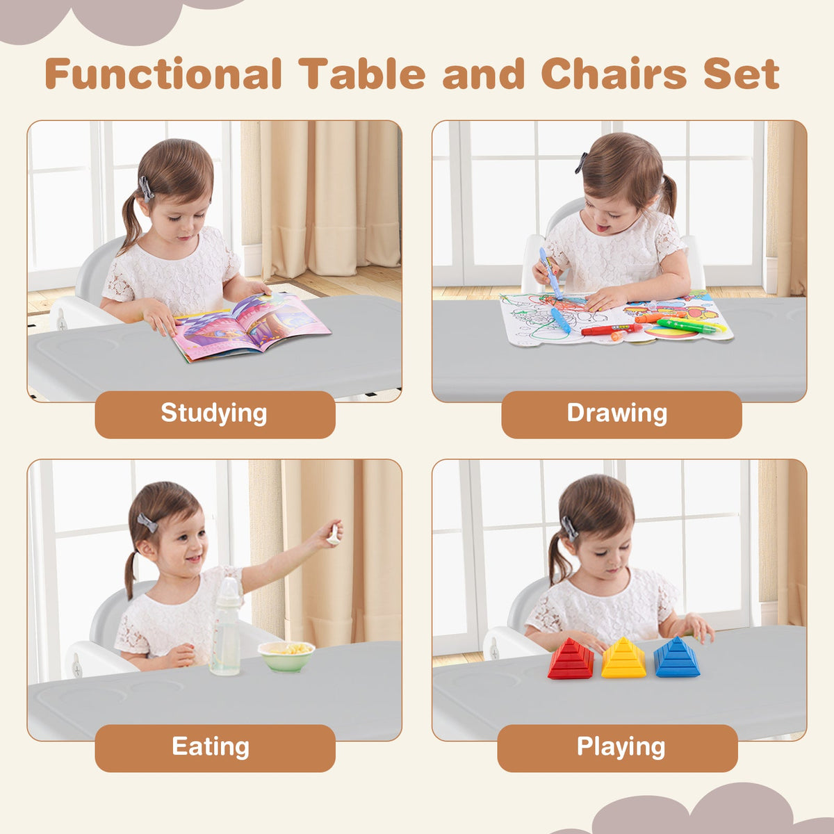 Kids Table and Chair Set with Building Blocks-Gray