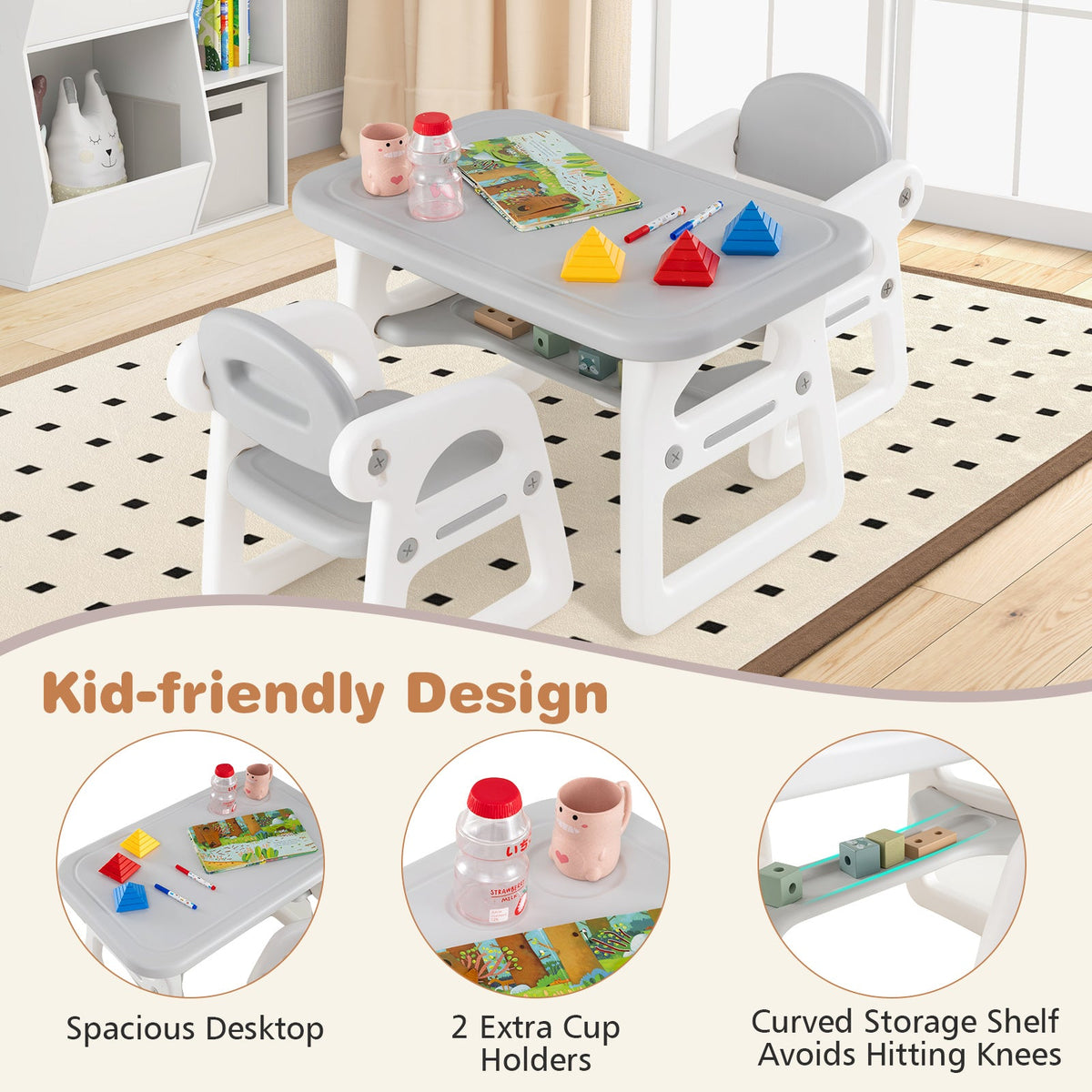 Kids Table and Chair Set with Building Blocks-Gray
