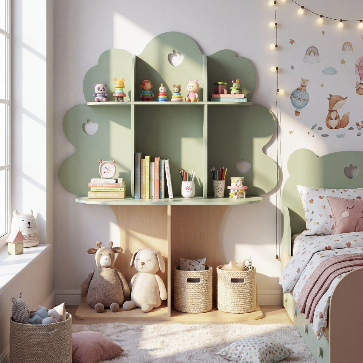 Kids Tree Bookshelf 45" Tall Freestanding Bookcase with Open Shelves-Green