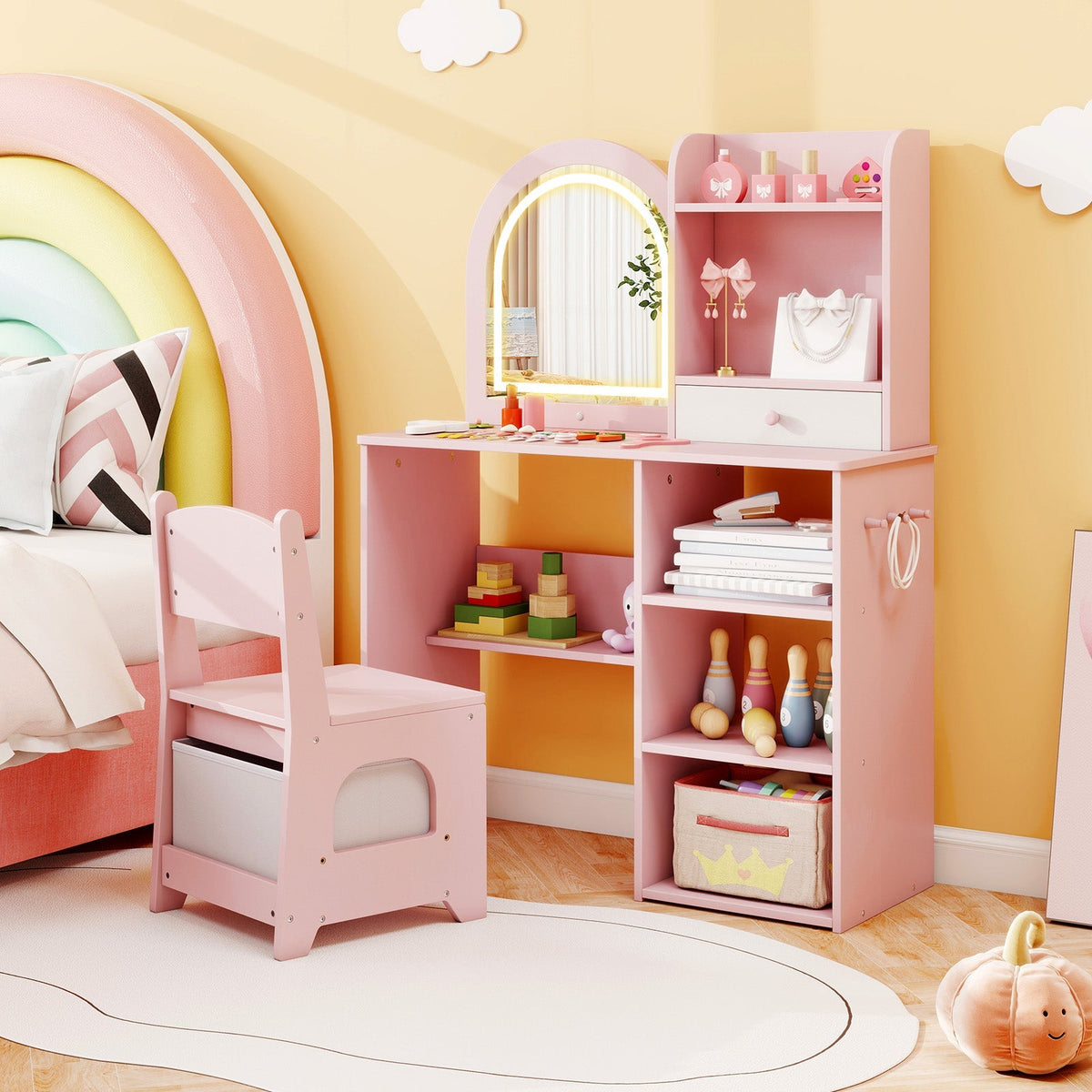 Kids Vanity Set Princess Girls Makeup Vanity Desk with Chair and 3-Color LED Lighted Mirror