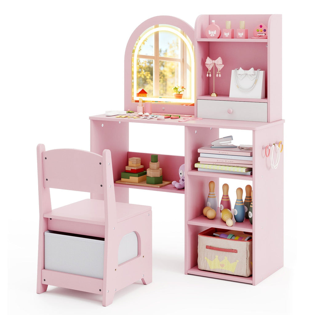 Kids Vanity Set Princess Girls Makeup Vanity Desk with Chair and 3-Color LED Lighted Mirror