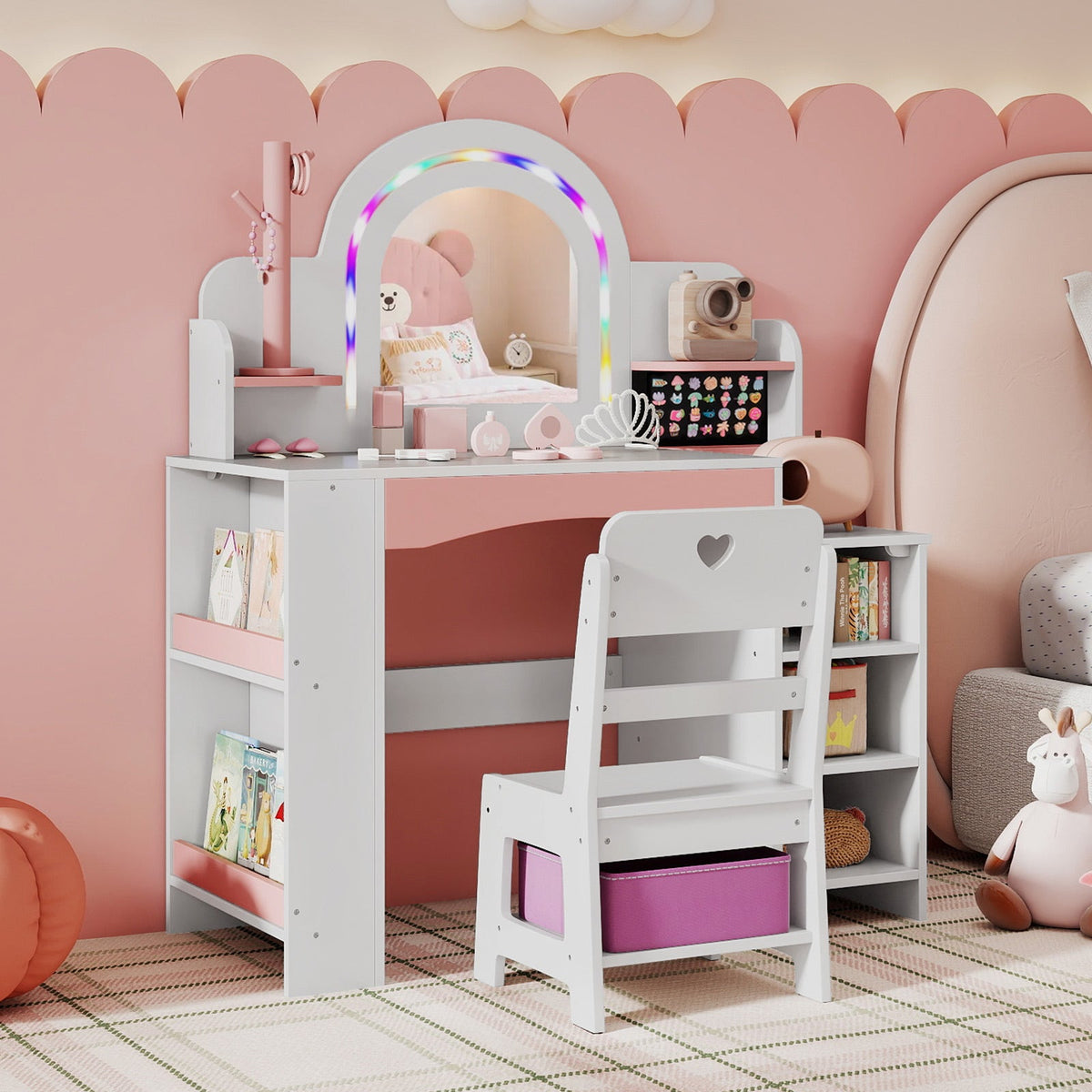 Kids Vanity Set with Colorful LED Lights Princess Makeup Dressing Table with Chair