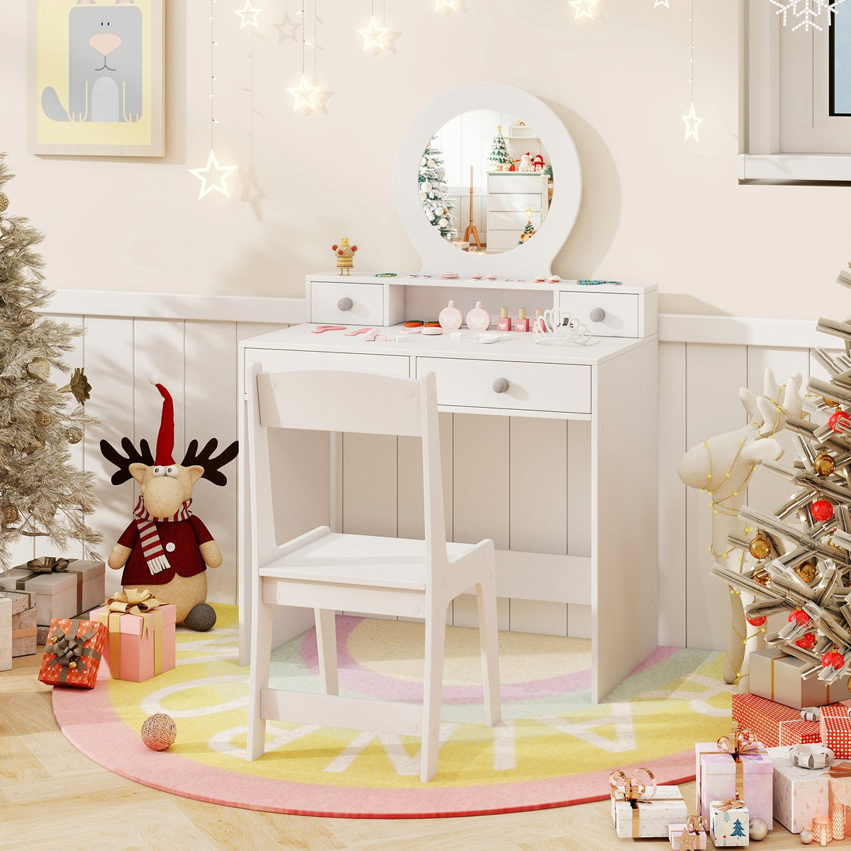 Kids Vanity Set with Mirror Princess Makeup Dressing Desk and Chair Set with Mirror-White