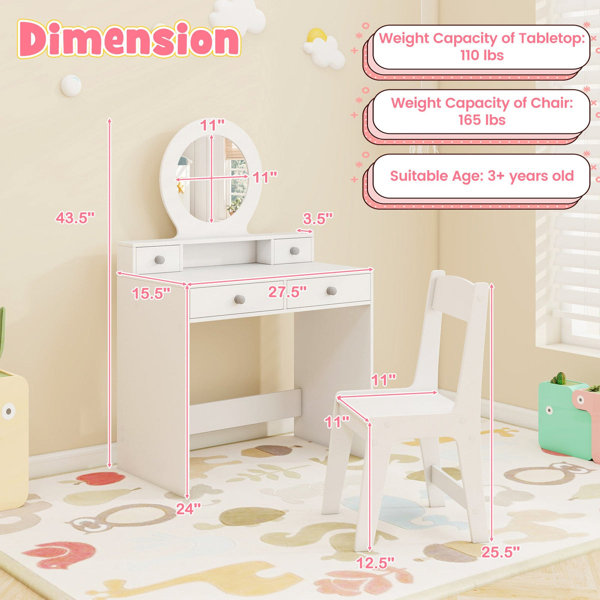 Kids Vanity Set with Mirror Princess Makeup Dressing Desk and Chair Set with Mirror-White