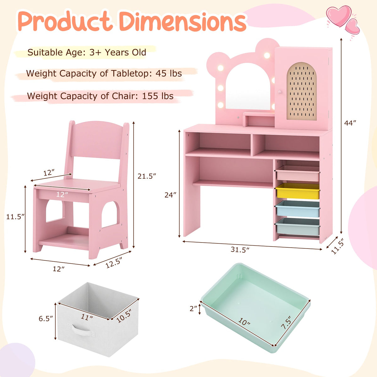 Kids Vanity with Lights and 5 Drawers for Kids Aged 3+ Years Old