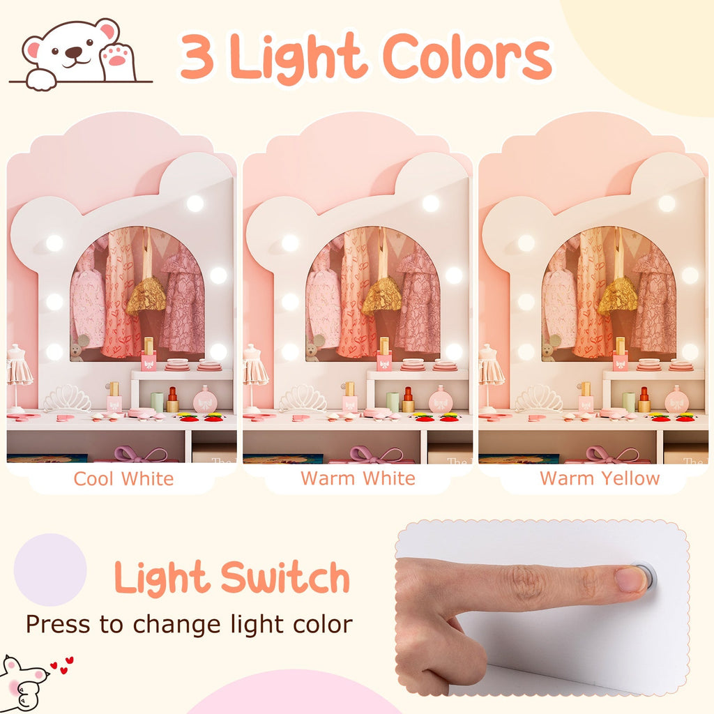 Kids Vanity with Lights and 5 Drawers for Kids Aged 3+ Years Old