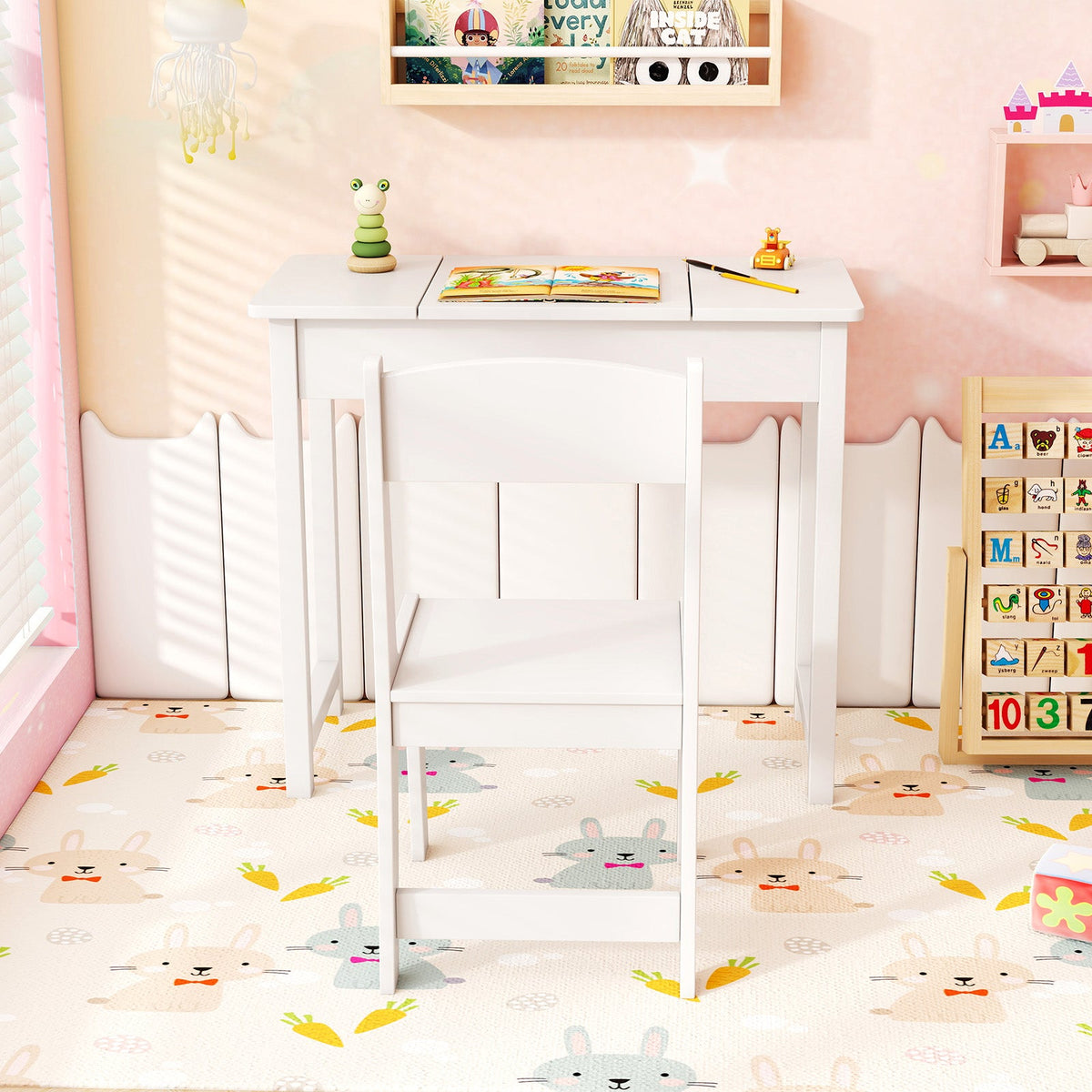 2-in-1 Kids Vanity Makeup Table and Chair Set with Flip Top Mirror-White