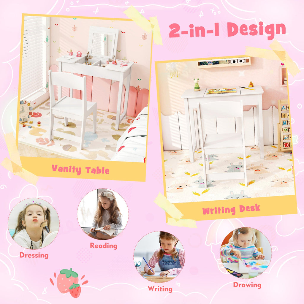 2-in-1 Kids Vanity Makeup Table and Chair Set with Flip Top Mirror-White
