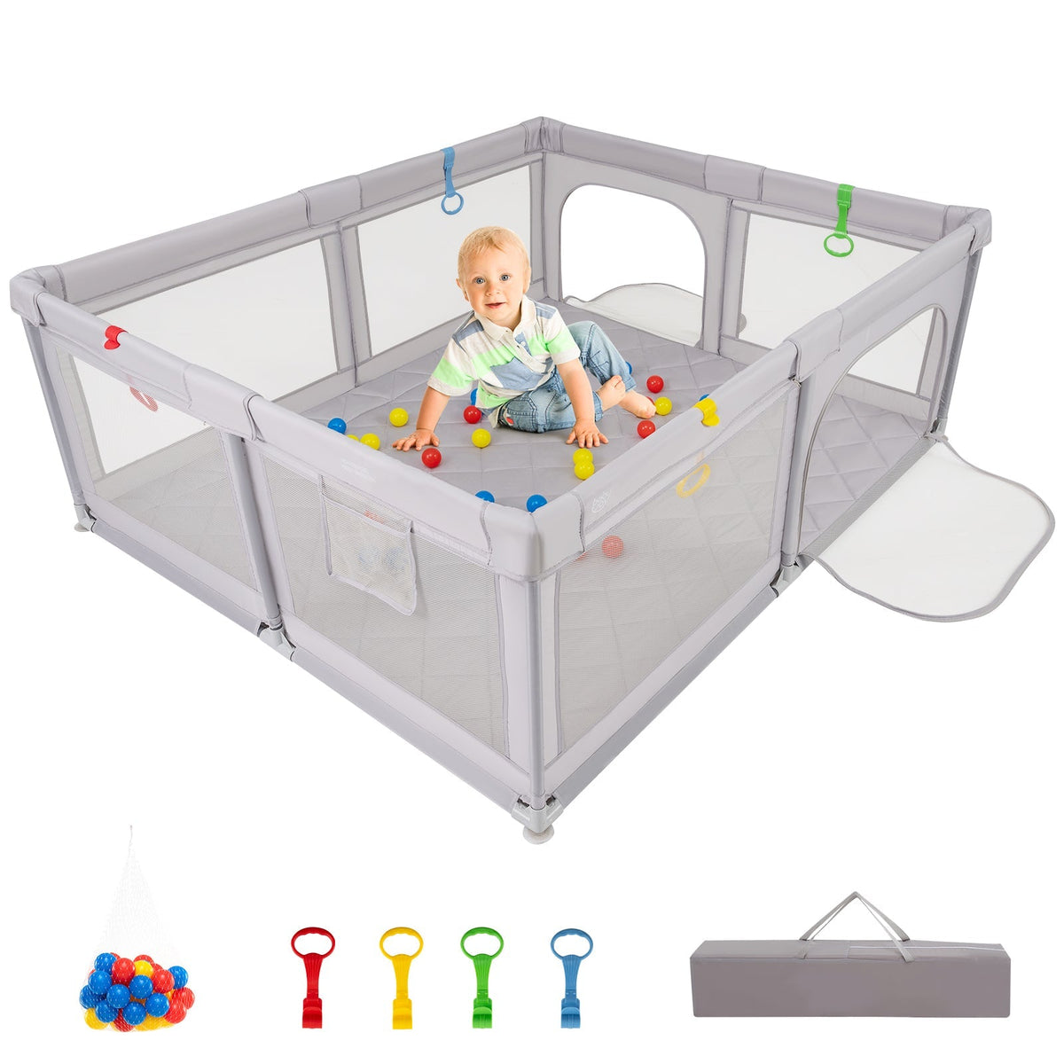 Large Baby Playpen with Pull Rings and Ocean Balls-Gray