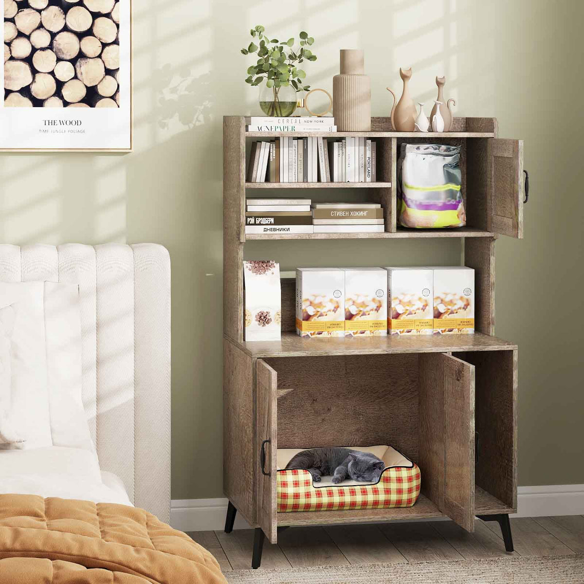 Large Cat Litter Box Enclosure with Display Storage Shelves-Oak