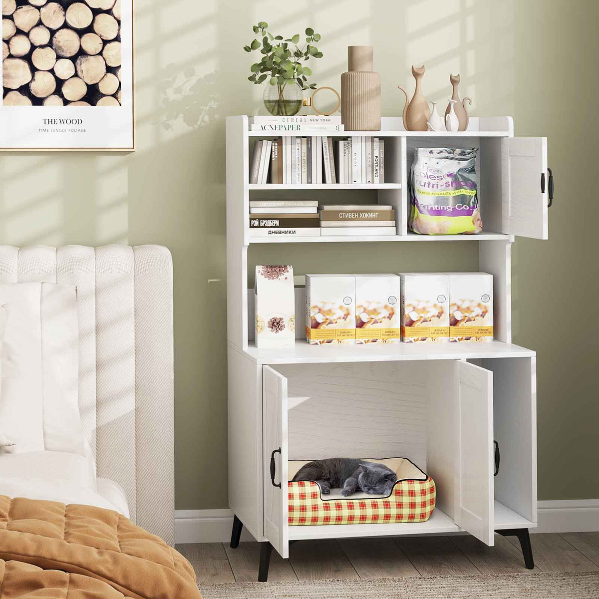Large Cat Litter Box Enclosure with Display Storage Shelves-White