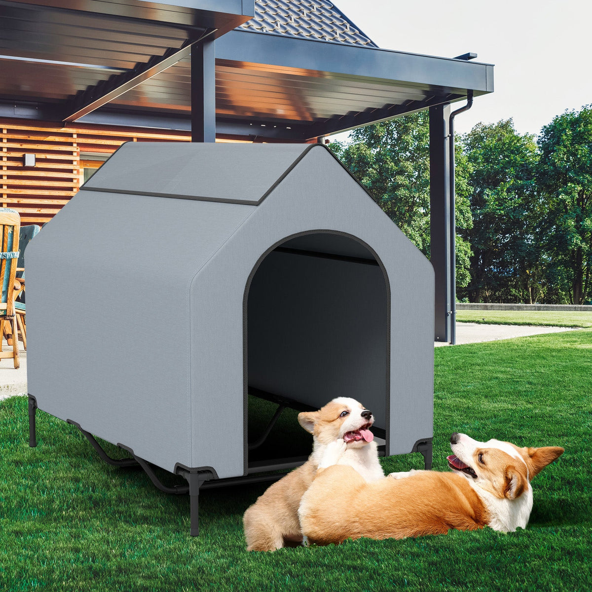 Large/Middle/Small Outdoor Elevated Pet House with Ventilated Windows-L