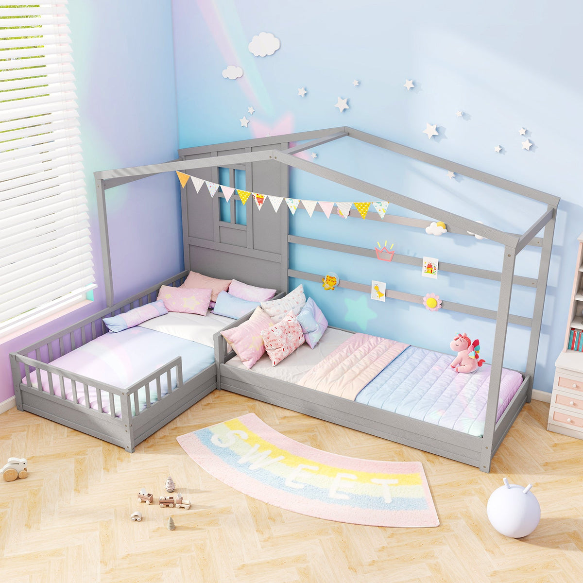 L-shaped Double Twin Beds House Platform Beds with Fences Corner Bed Frame-Gray