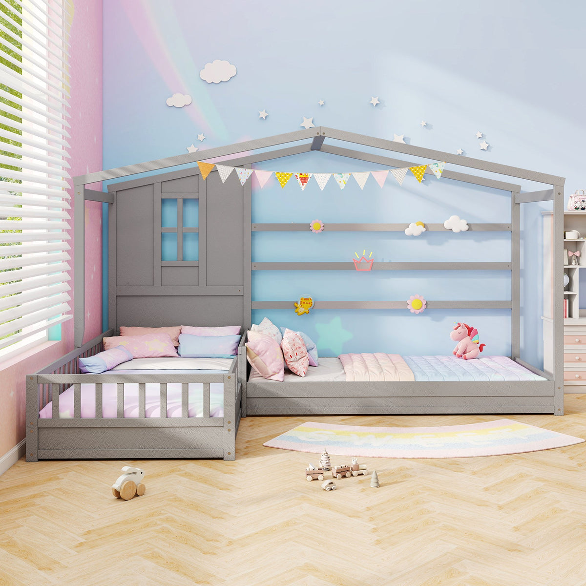 L-shaped Double Twin Beds House Platform Beds with Fences Corner Bed Frame-Gray