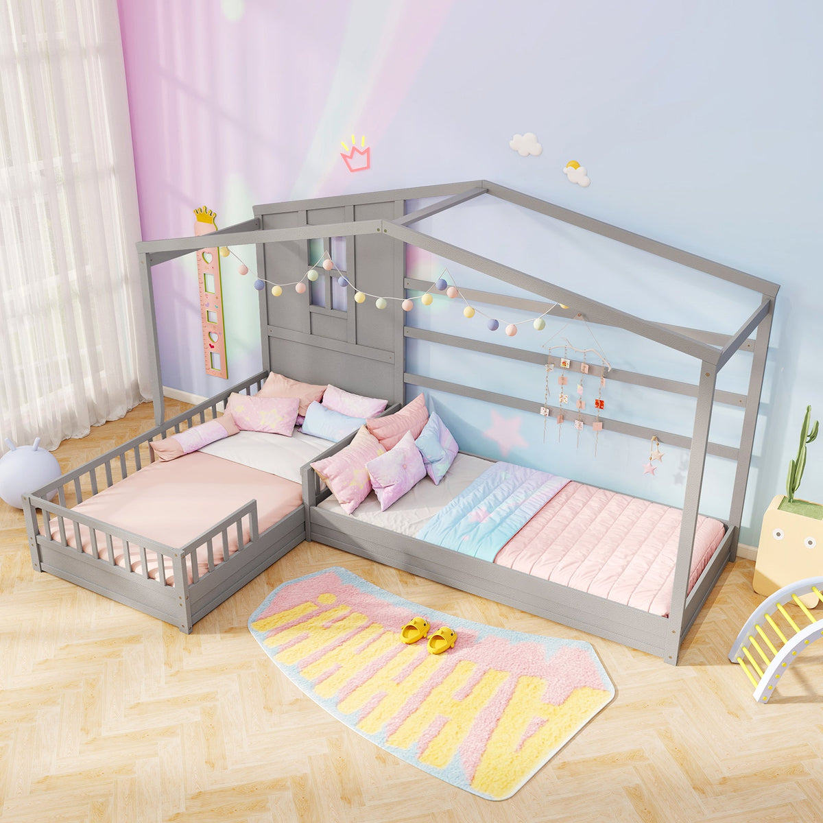 L-shaped Double Twin Beds House Platform Beds with Fences Corner Bed Frame-Gray