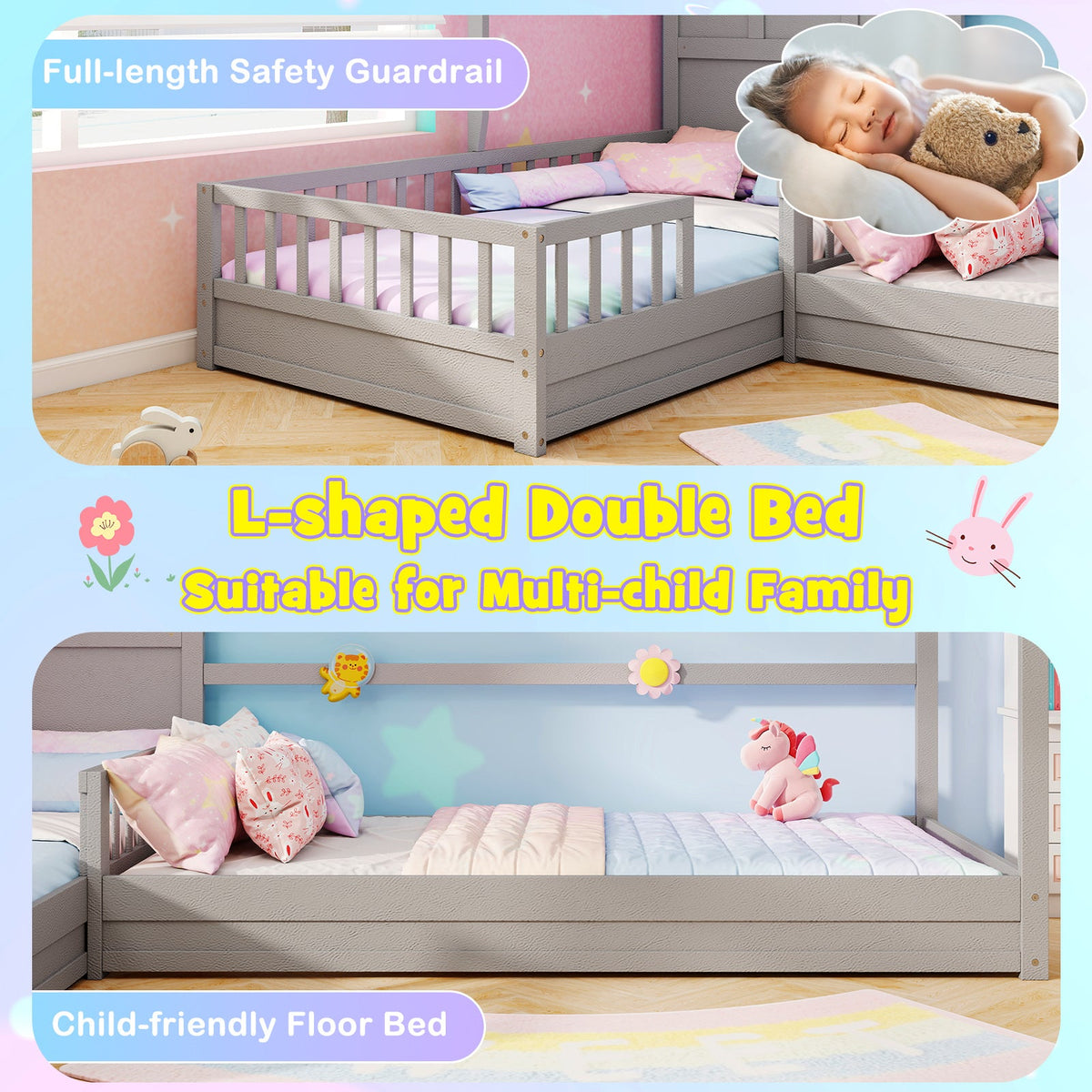 L-shaped Double Twin Beds House Platform Beds with Fences Corner Bed Frame-Gray