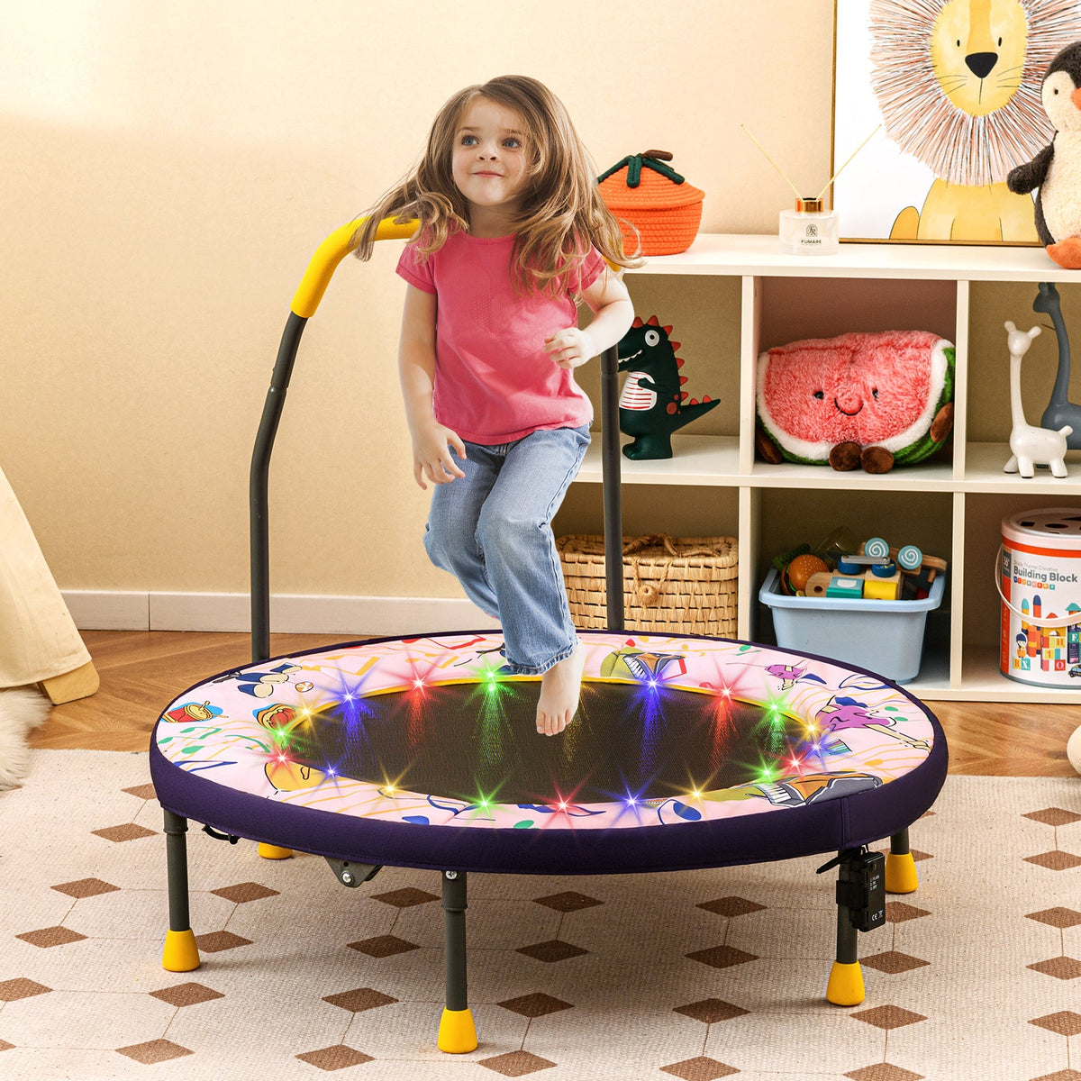 Mini Trampoline Folding Small Rebounder for Kids with Lights-Pink