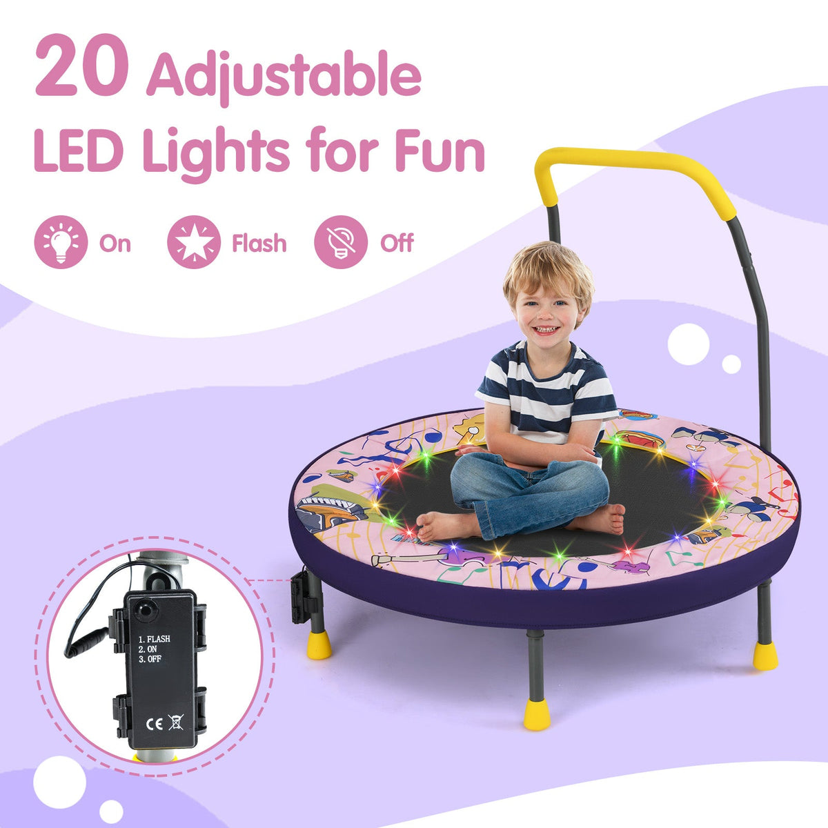 Mini Trampoline Folding Small Rebounder for Kids with Lights-Pink