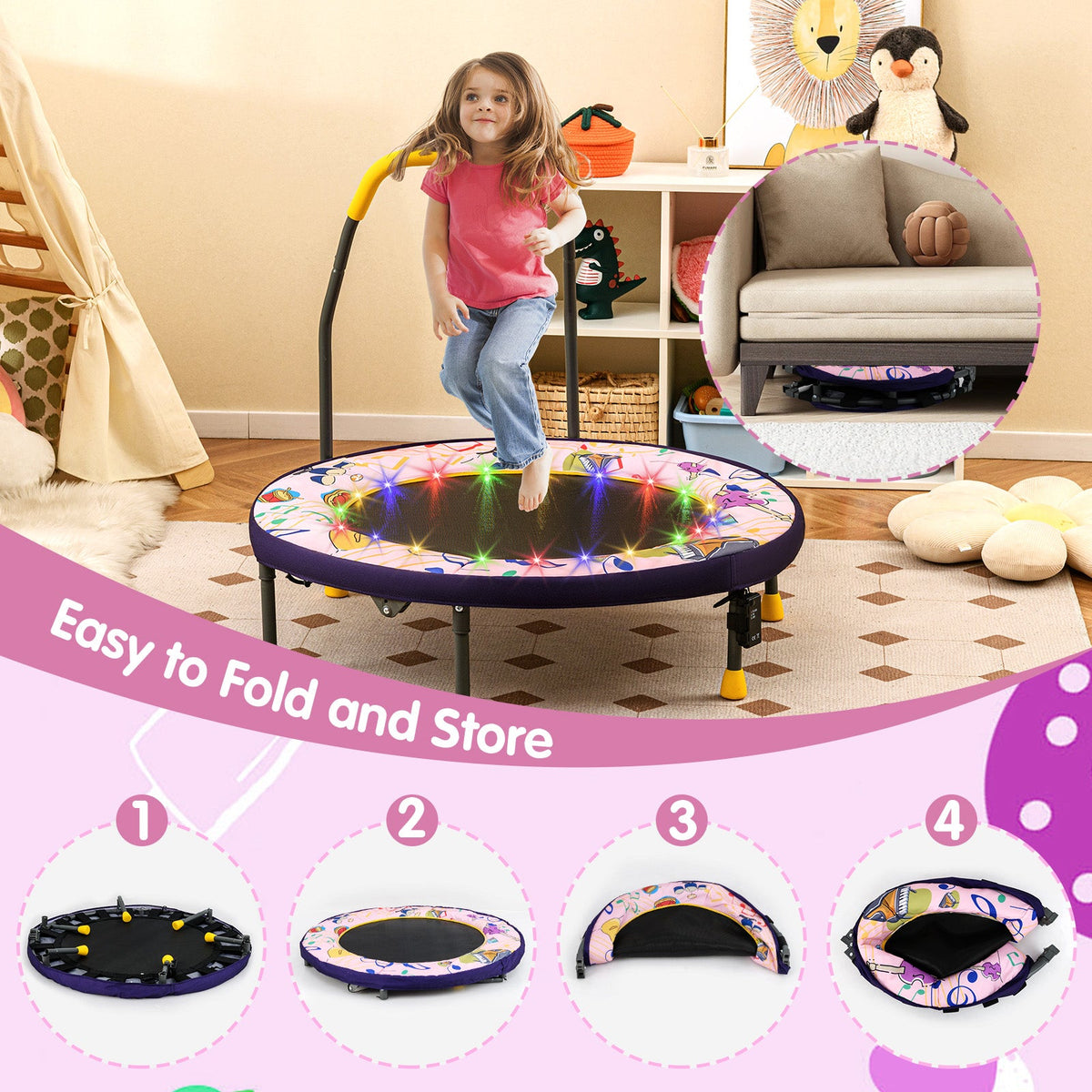 Mini Trampoline Folding Small Rebounder for Kids with Lights-Pink