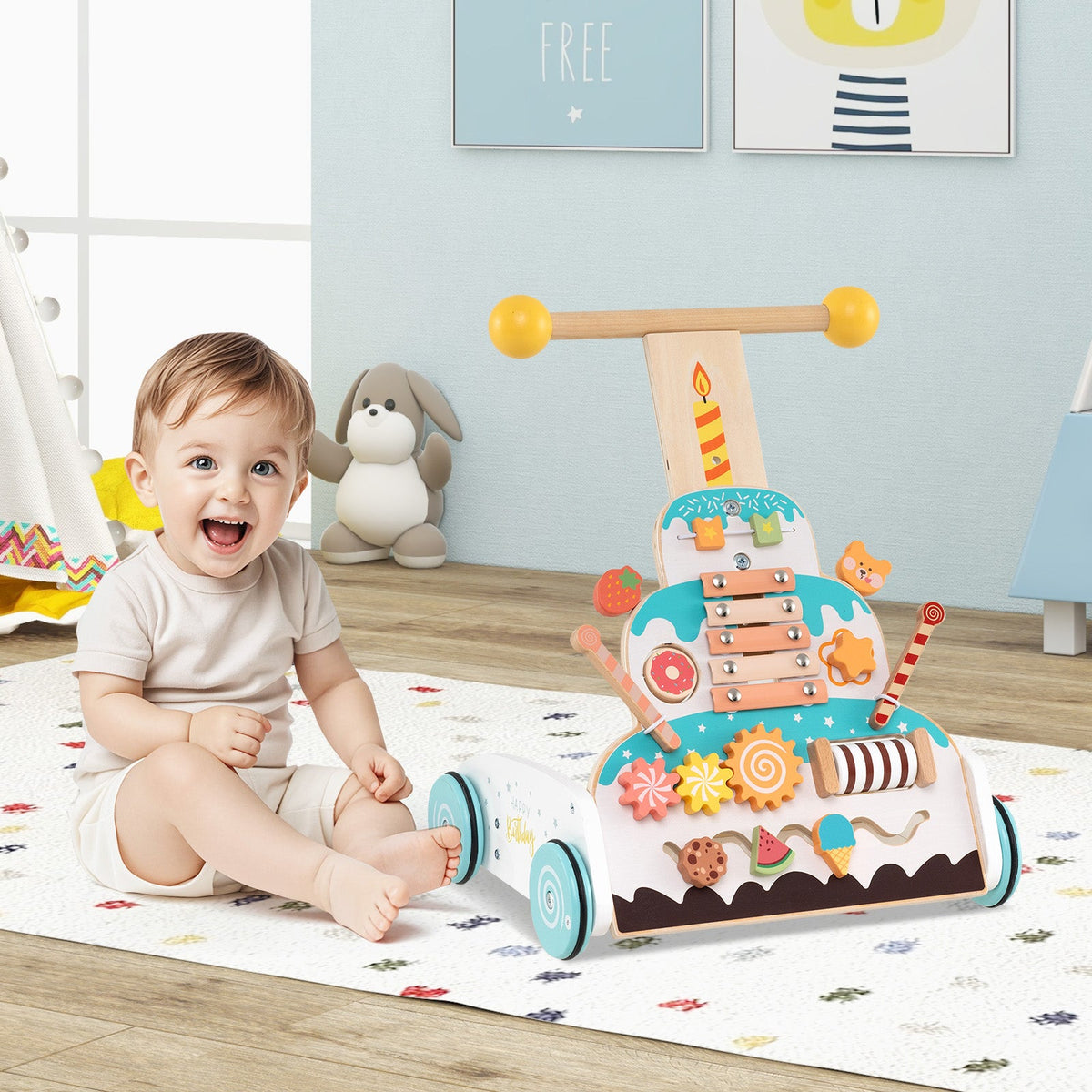 Wooden Baby Walker with Adjustable Heights and Smooth Wheels-White