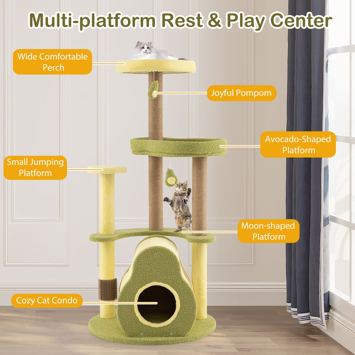 Freestanding Multi-level Avocado Cat Tower with Private Condo-Green