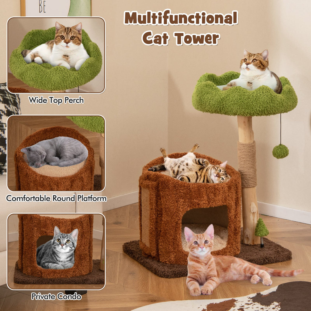 Multifunctional Cat Tree Cat Tower with Scratching Posts and Top Perch-Brown