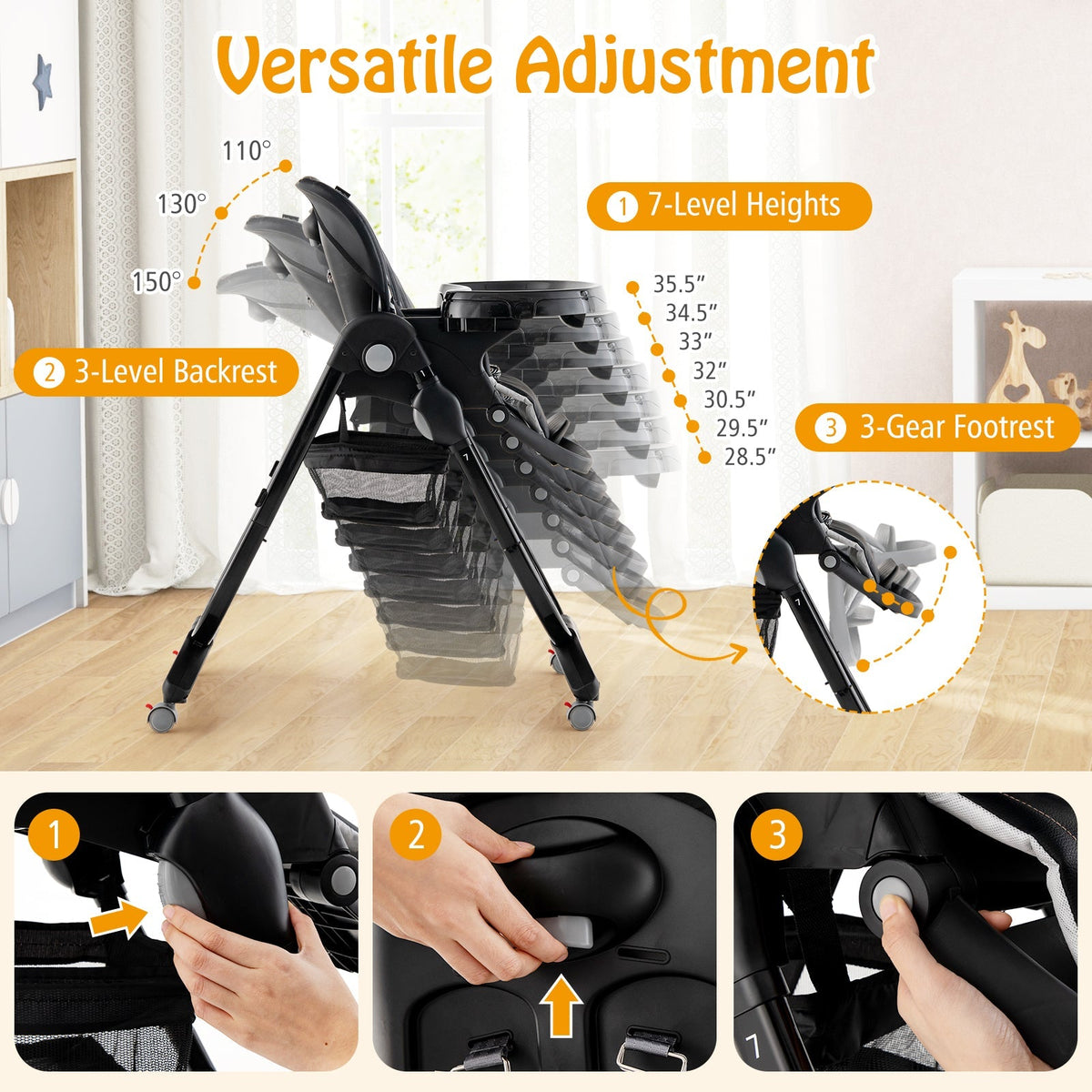 Multifunctional Folding Baby High Chair with Rolling Wheels and Adjustable Height