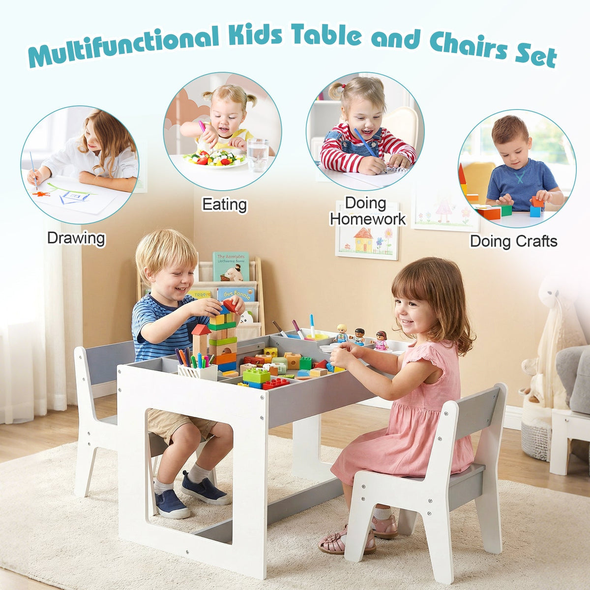 Multifunctional Kids Table and 2 Chairs Set with Chalkboard