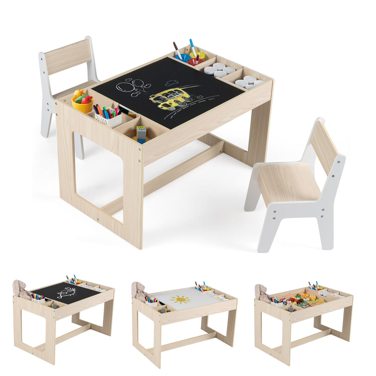Multifunctional Kids Table and 2 Chairs Set with Chalkboard