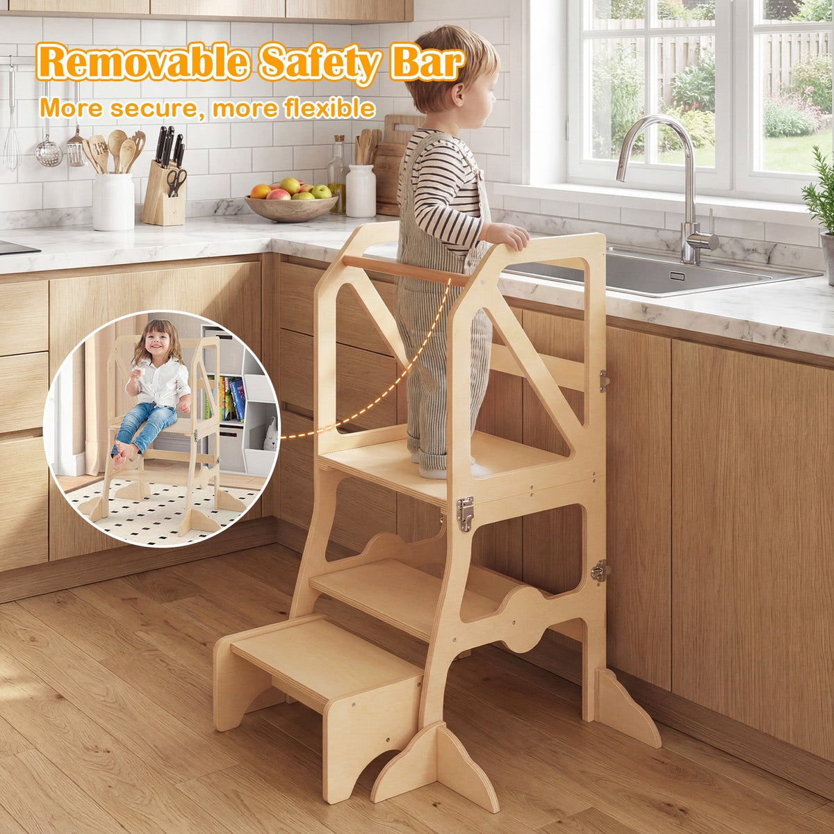 Multifunctional Kids Kitchen Step Stool with Removable Safety Bar and Fixing Buckles
