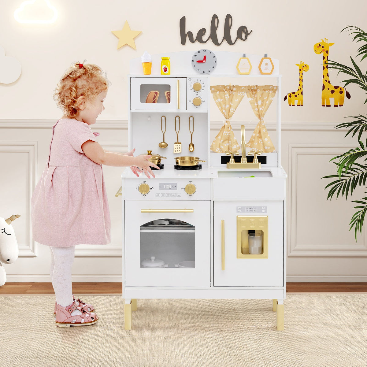 Play Kitchen for Kids Wooden Chef Pretend Playset with 3 Adjustable Heights Microwave