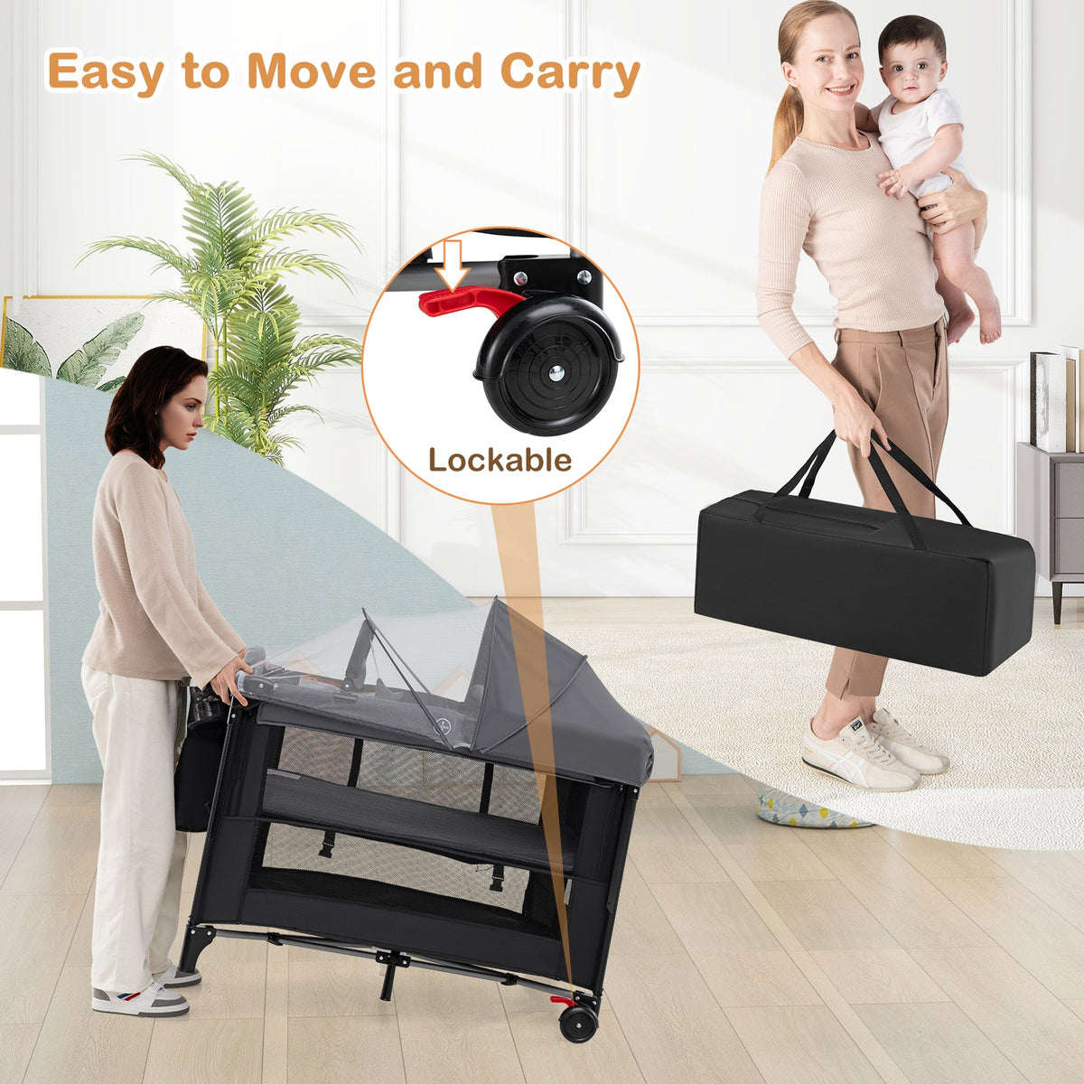 Foldable Baby Bassinet with 4 Adjustable Heights Changing Table and Mattress-Black