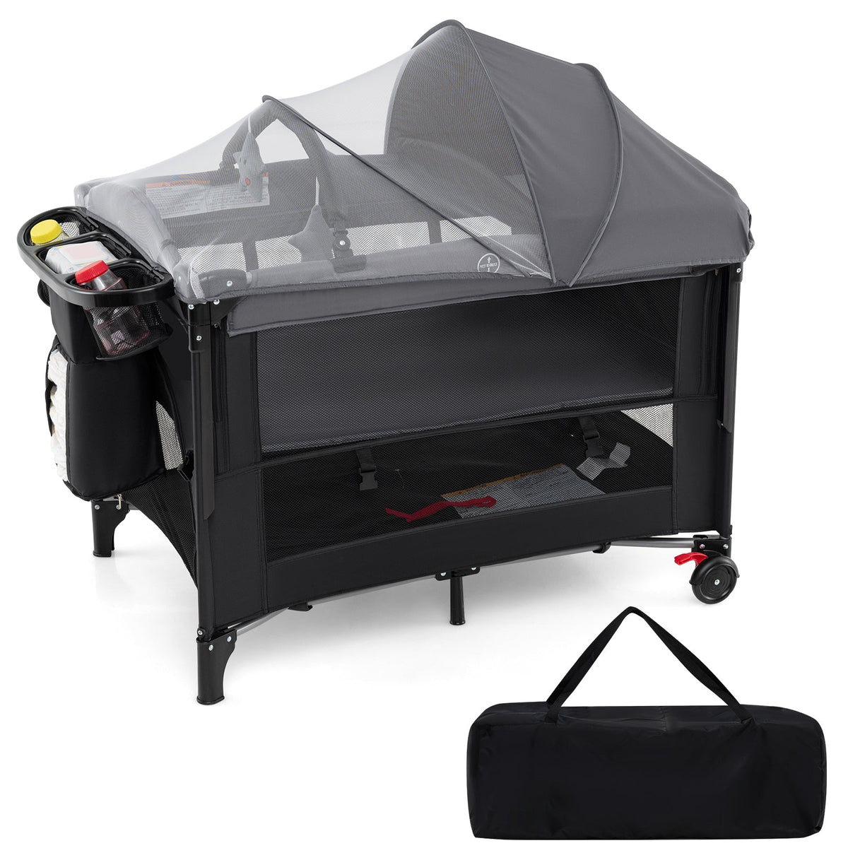 Foldable Baby Bassinet with 4 Adjustable Heights Changing Table and Mattress-Black