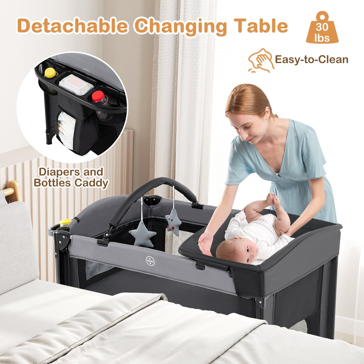 Foldable Baby Bassinet with 4 Adjustable Heights Changing Table and Mattress-Black