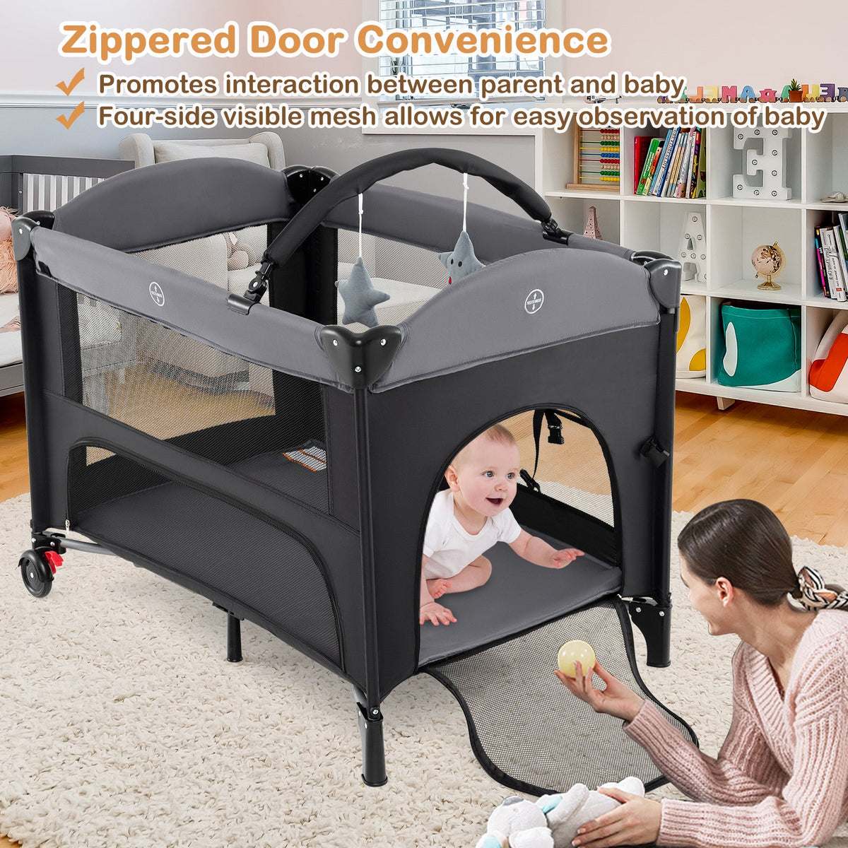 Foldable Baby Bassinet with 4 Adjustable Heights Changing Table and Mattress-Black