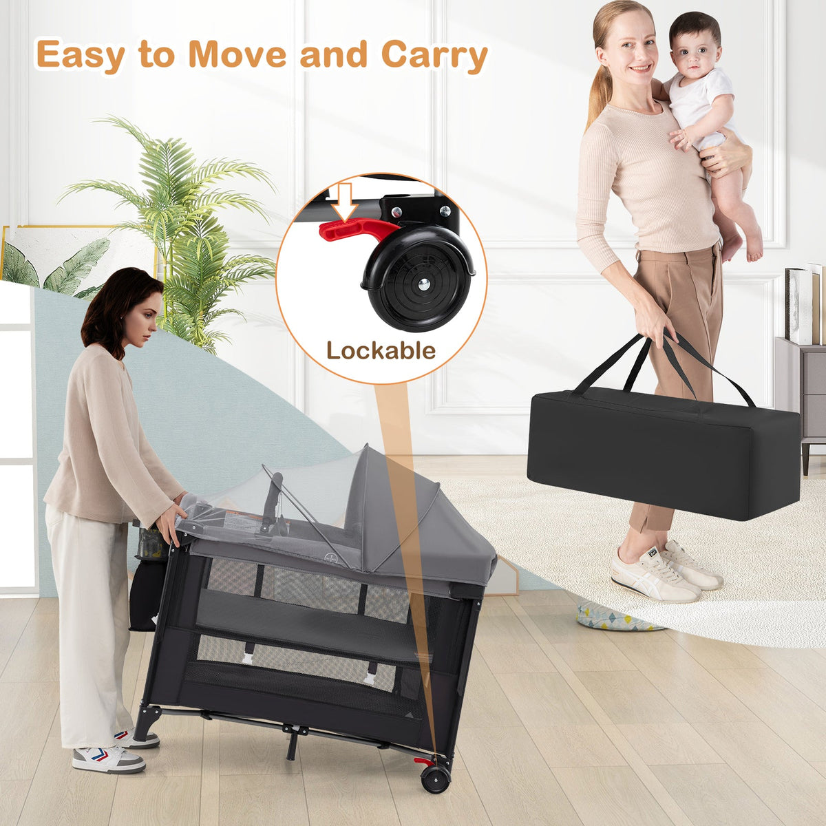 Foldable Baby Bassinet with 4 Adjustable Heights Changing Table and Mattress-Gray