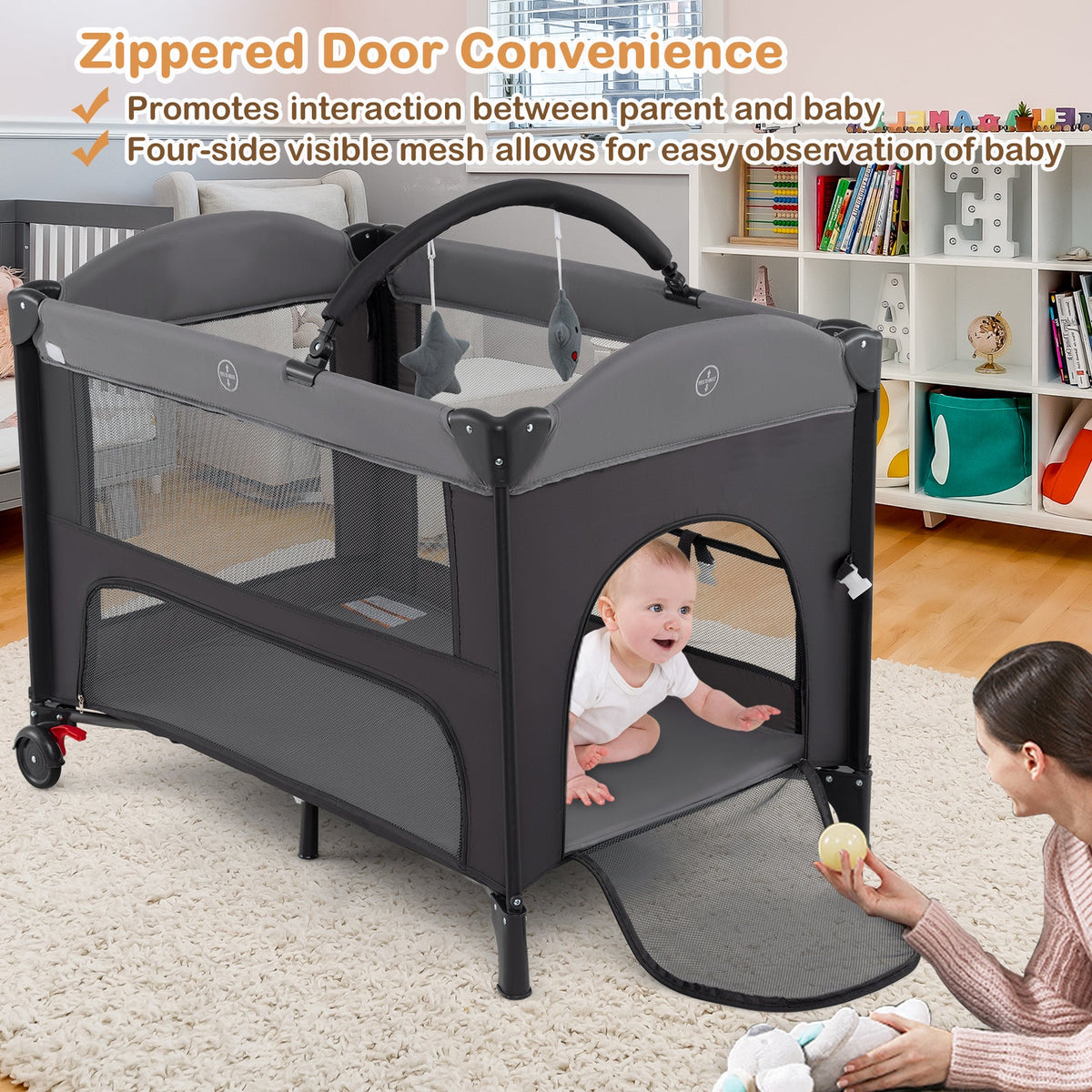 Foldable Baby Bassinet with 4 Adjustable Heights Changing Table and Mattress-Gray