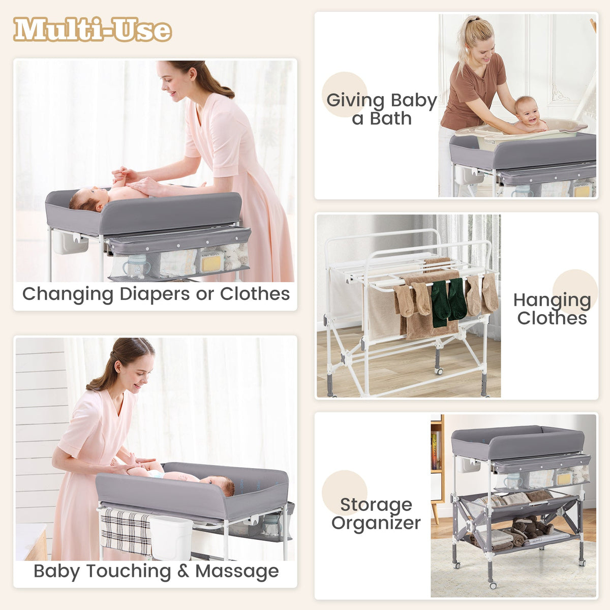 Portable Baby Changing Table with Wheels and Large Storage Rack-Gray