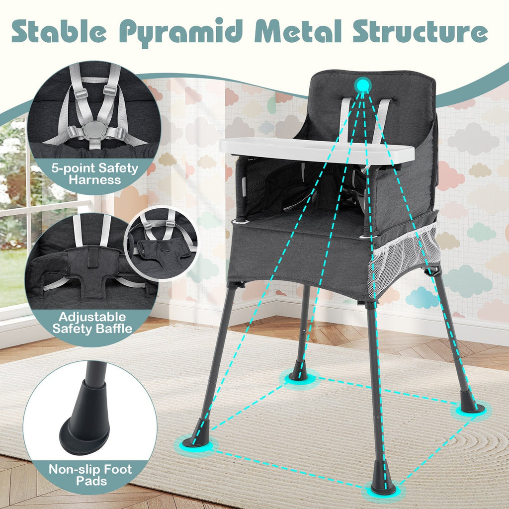 Portable High Chair for Travel Foldable with Adjustable Tray and Mesh Pockets-Gray