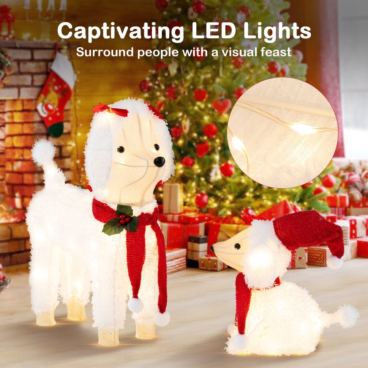 Pre-lit Mama and Baby Poodle Dogs with 60 Warm White LED Lights
