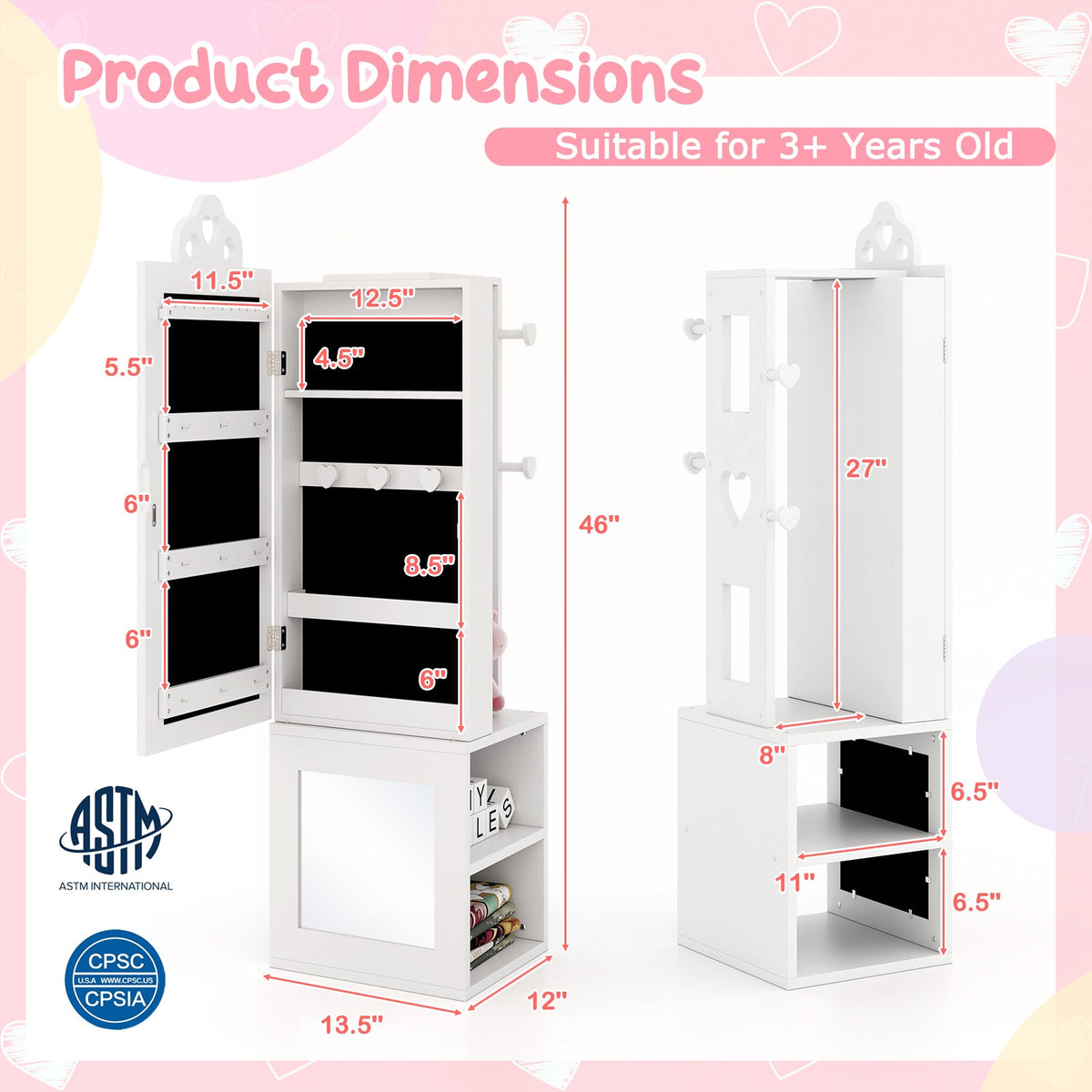 Princess Vanity Table and Stool Set Freestanding Jewelry Cabinet Armoire with Full-Length Mirror-White