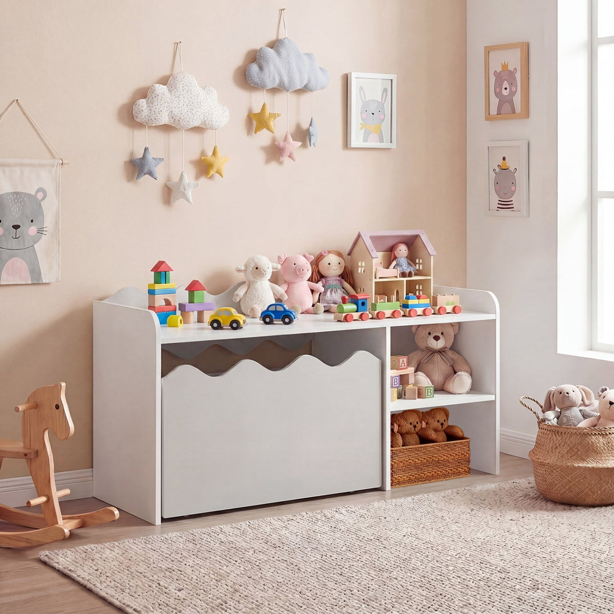 Scalloped Kids Bookshelf and Toy Storage Organizer for Playroom