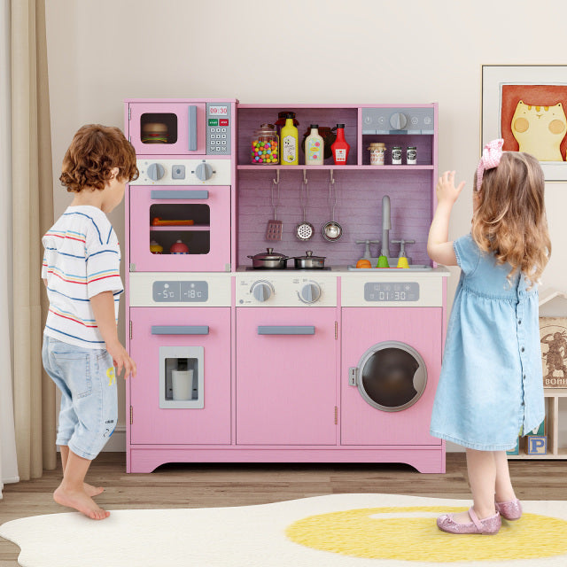 Pretend Play Kitchen Wooden Toy Set Kitchen Accessory Playset with Real Lights Sounds-White
