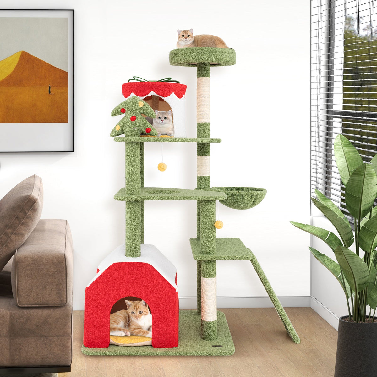 61 Inches Cute Christmas Cat Tree with Sisal Scratching Posts and 2 Condos-Green