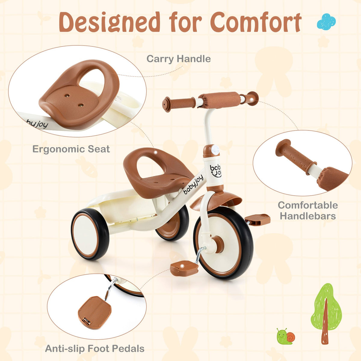 Toddler Tricycle Kids Trike with Adjustable Seat and Basket Aged 3-5 Years Old-Beige